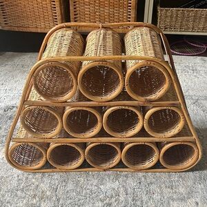 Wicker Wine Rack 12 Bottle Vintage 70s Ratan Bohemian Organizer Kitchen Storage